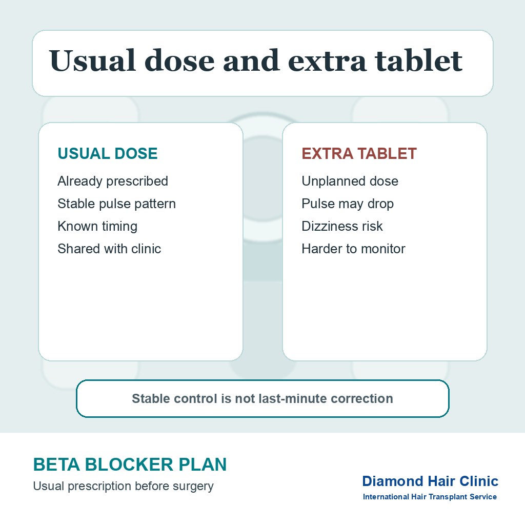 Blood pressure monitor and medication planning card for beta blockers before hair transplant surgery