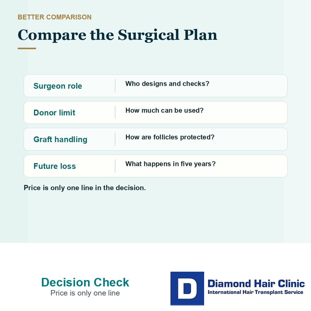 Hair transplant decision card comparing surgeon role donor limits graft handling and future hair loss planning