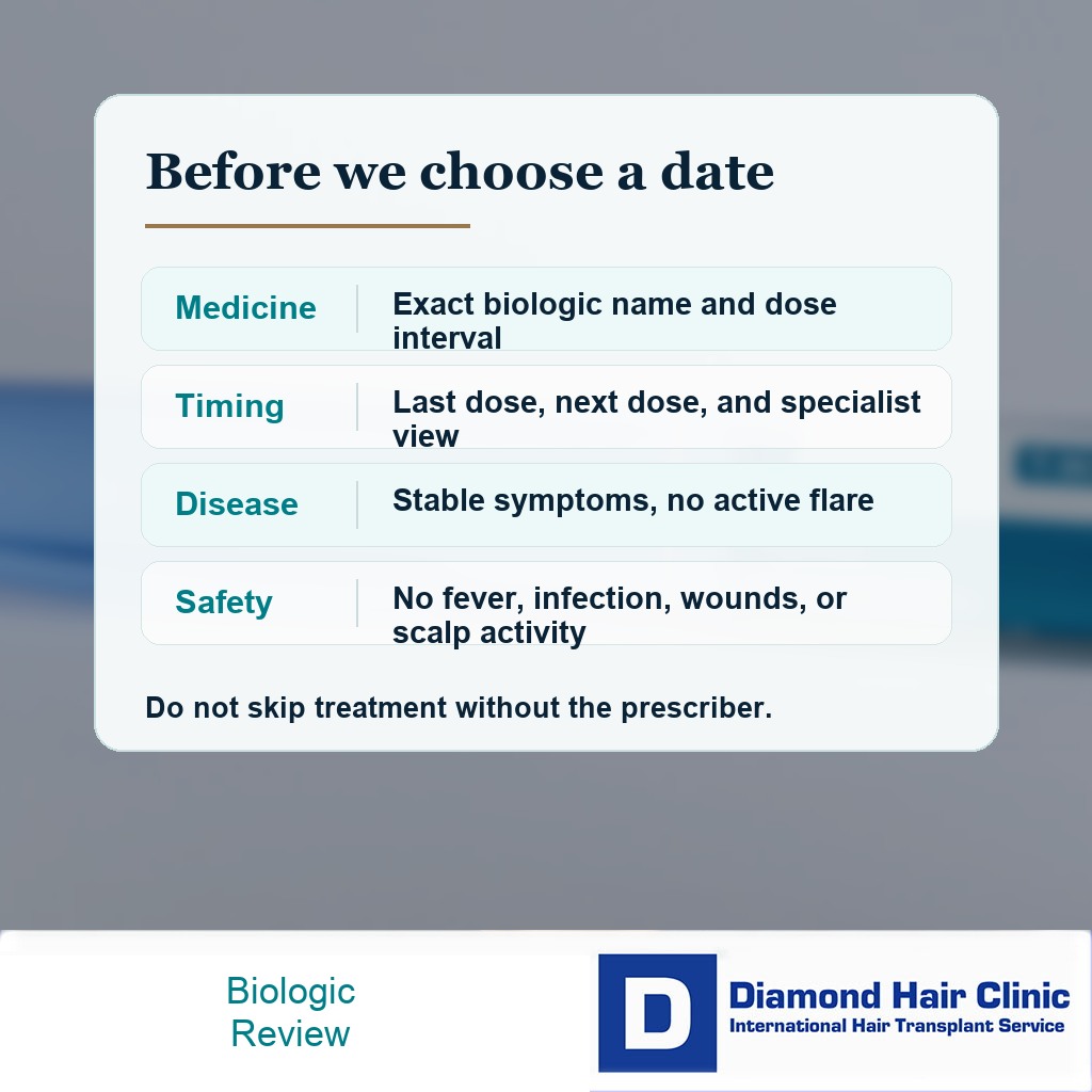 Clinical review card for biologic medicine name dosing timing disease stability infection and scalp status before hair transplant