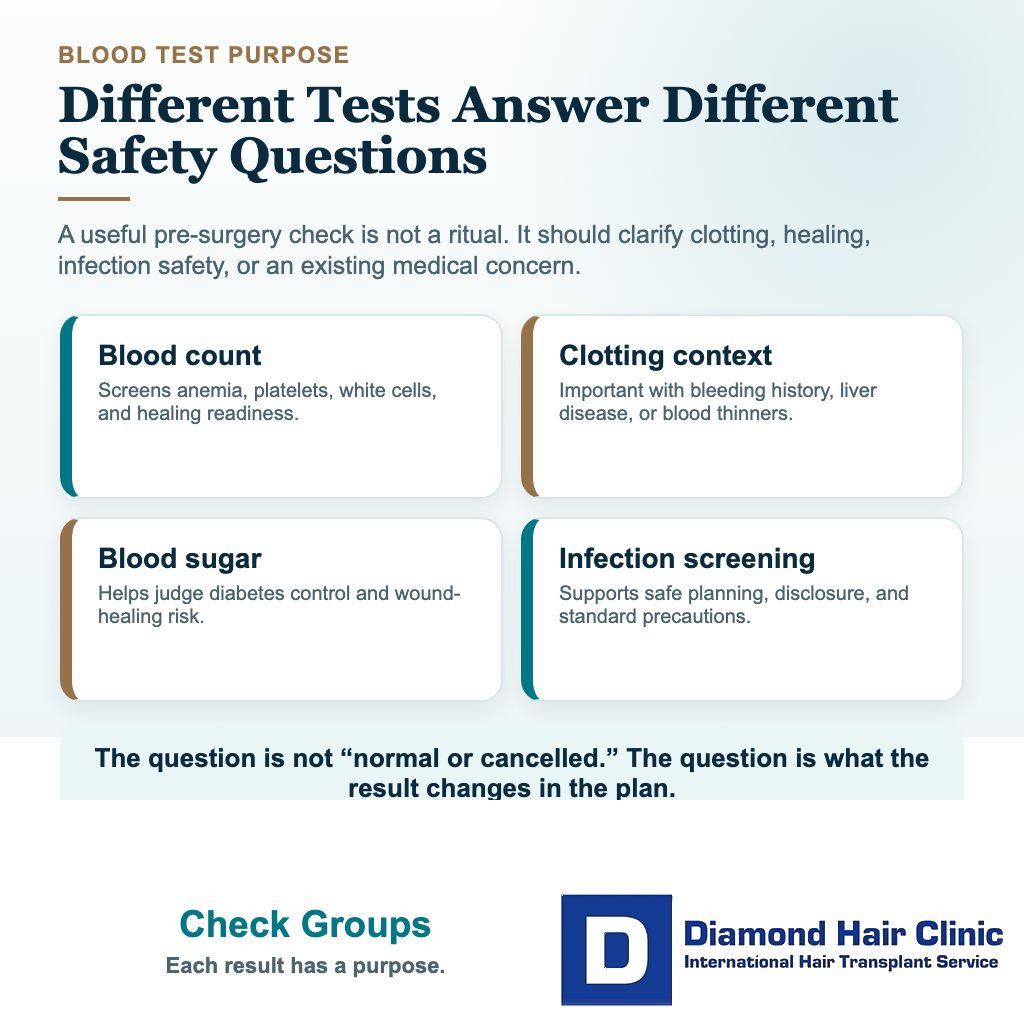 Visual explaining which blood test groups can clarify surgical safety before a hair transplant
