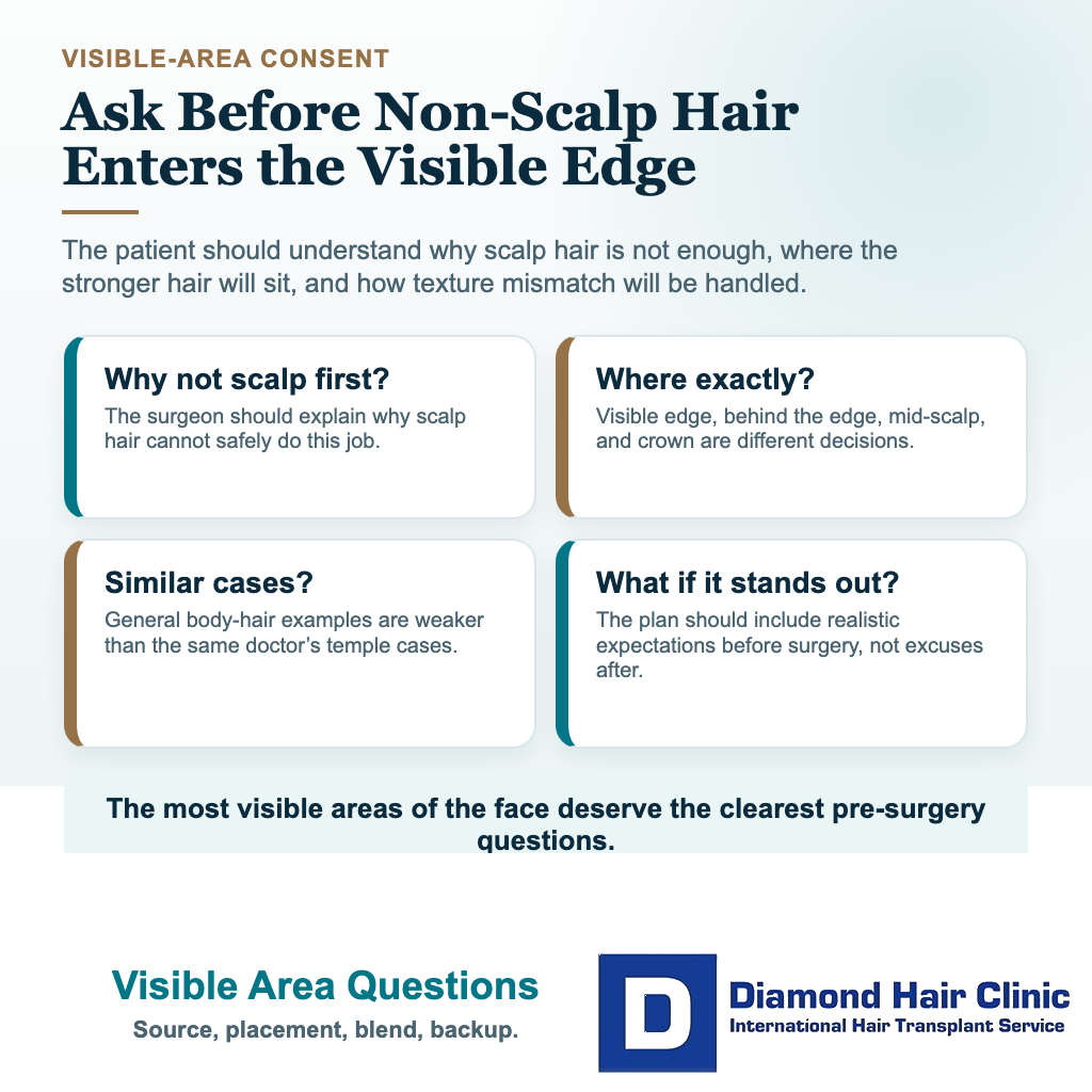 Visual listing questions to ask before agreeing to body or beard hair in a visible temple area