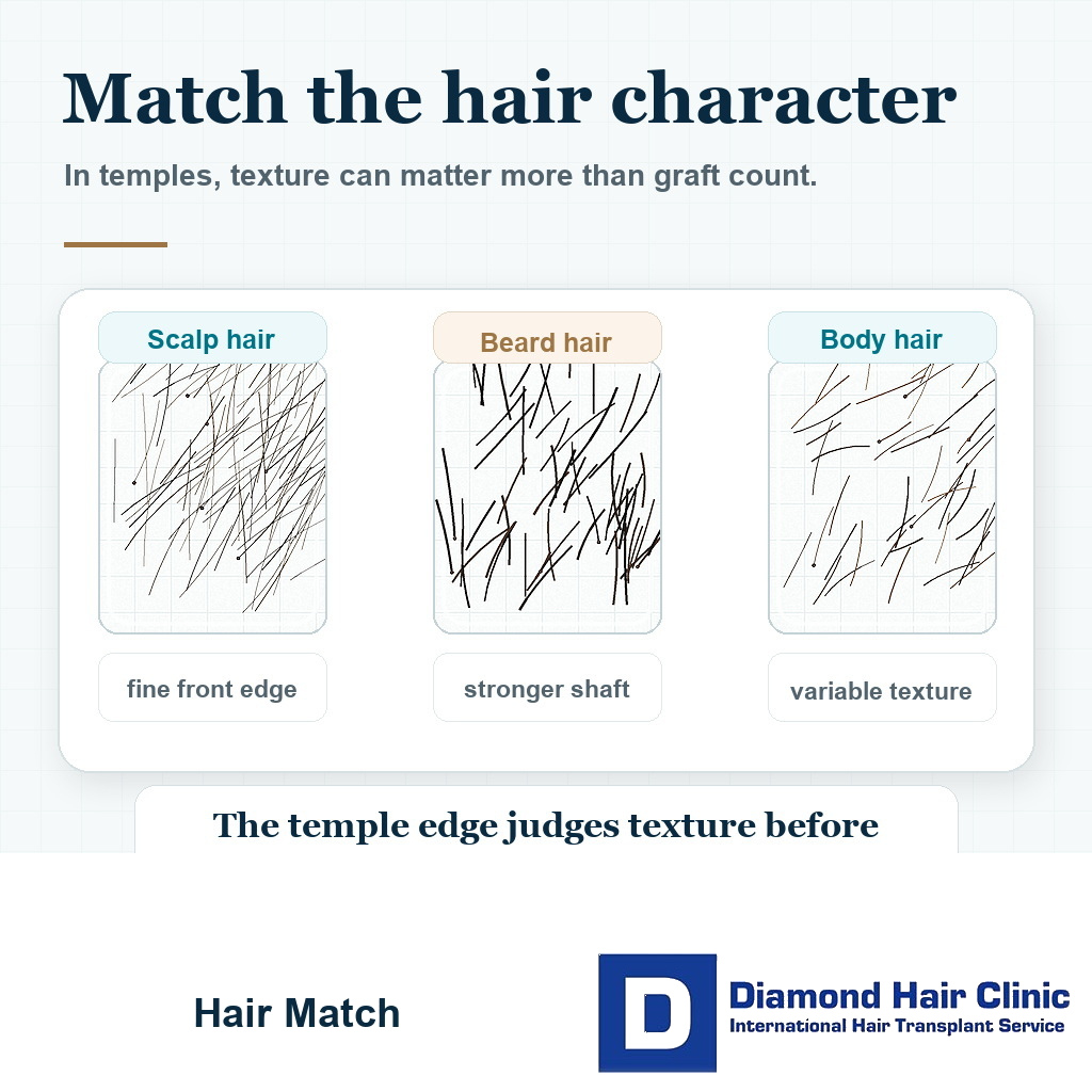 Visual comparing scalp hair, beard hair, and body hair texture before using non-scalp hair in hair transplant temples