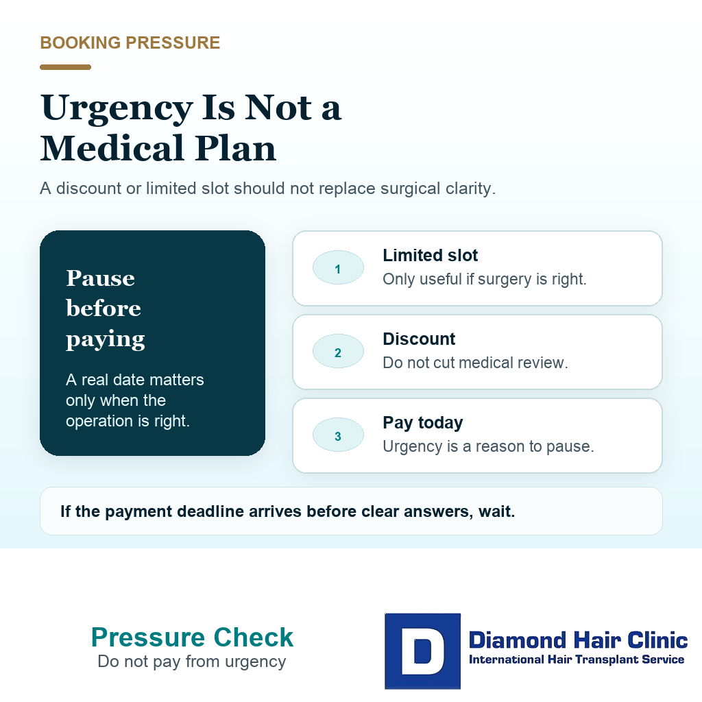 Support visual explaining why a hair transplant deposit should not be paid from discount or limited slot pressure before the medical plan is clear
