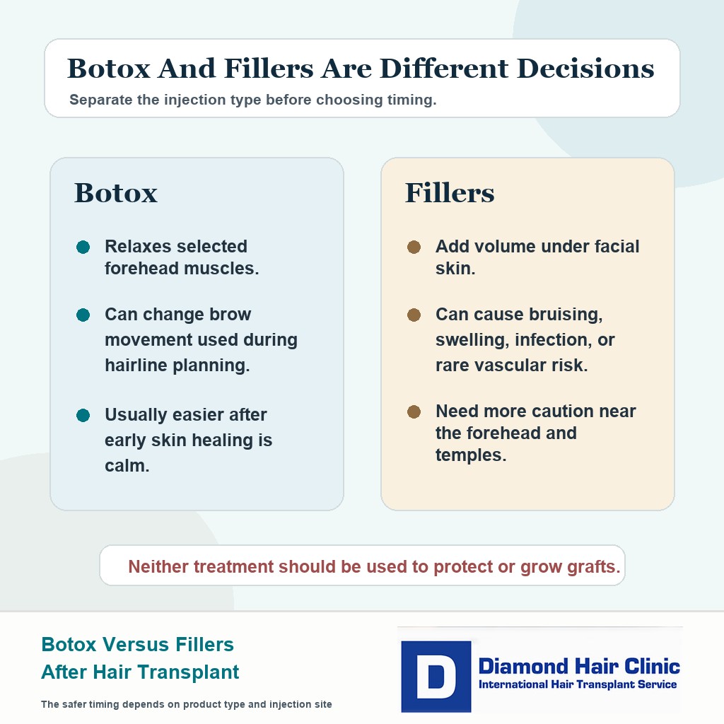 Botox versus fillers after hair transplant comparison card showing differences in action, planning, bruising, swelling, and timing caution