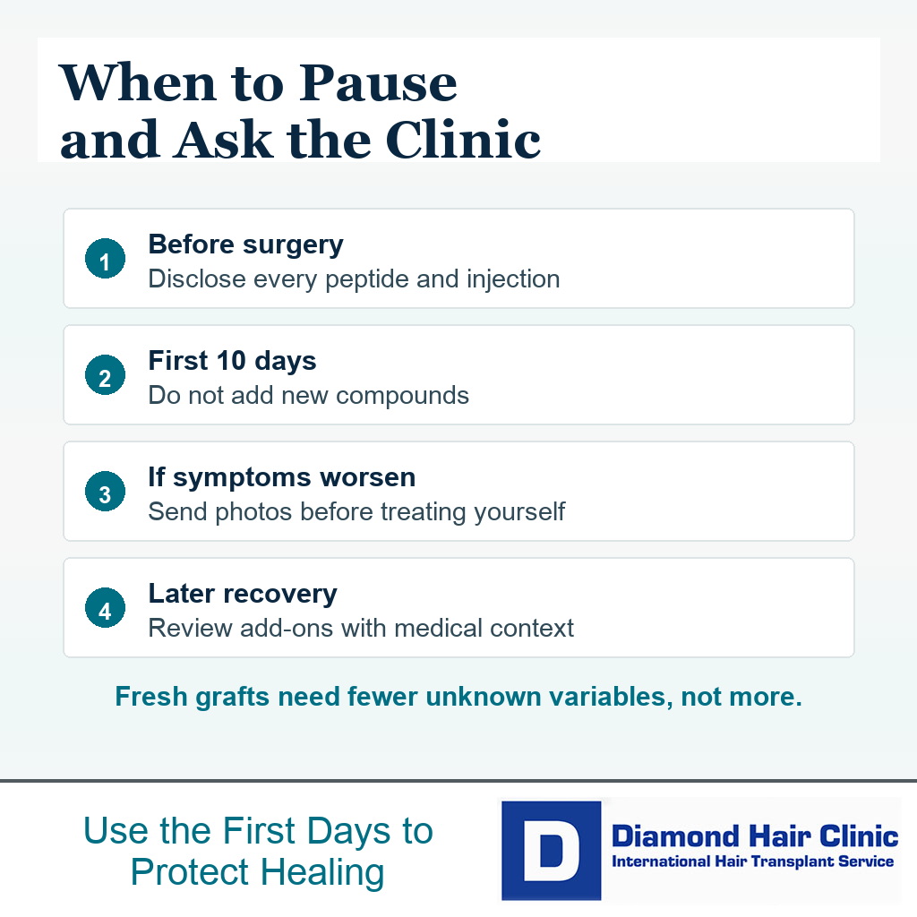 Decision visual showing when to disclose recovery peptides before or after a hair transplant