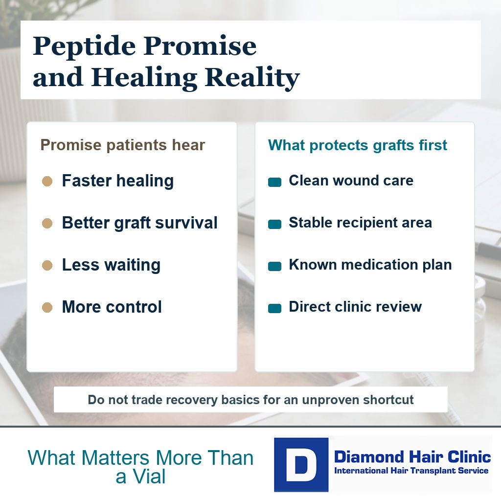Visual explaining why recovery peptides should not replace basic hair transplant healing priorities
