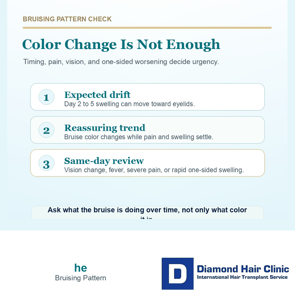 Support card showing how to judge black eye bruising pattern and warning signs after hair transplant