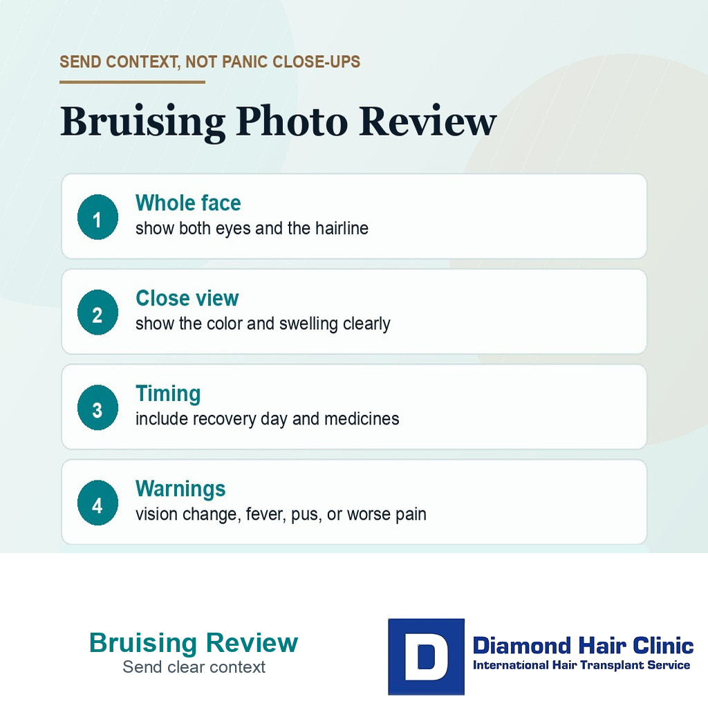 Information card explaining what photos and symptoms to send for black eye bruising review after hair transplant
