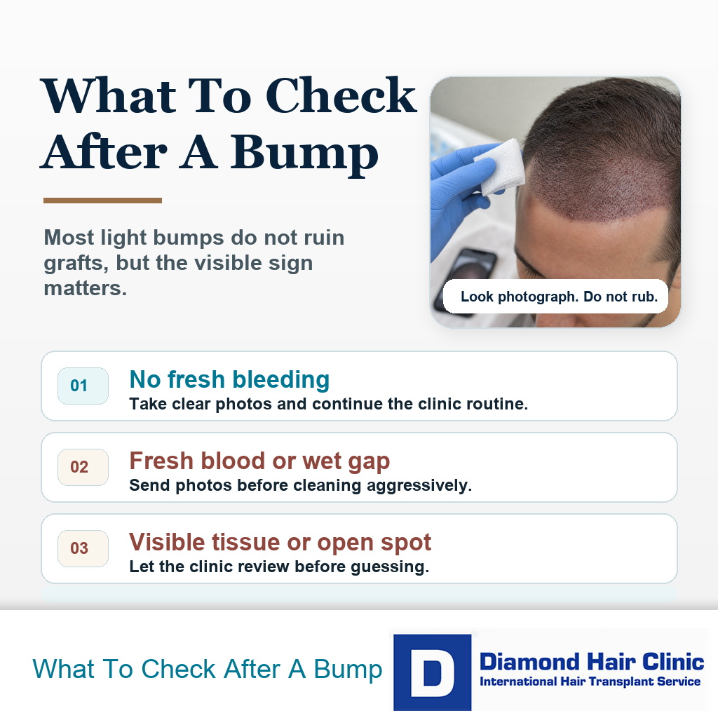 Medical editorial visual showing what to check after bumping the recipient area after a hair transplant