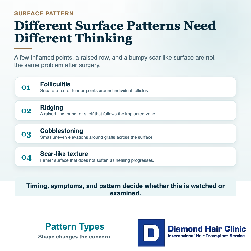 Visual explaining folliculitis, ridging, cobblestoning, and scar-like texture after a hair transplant