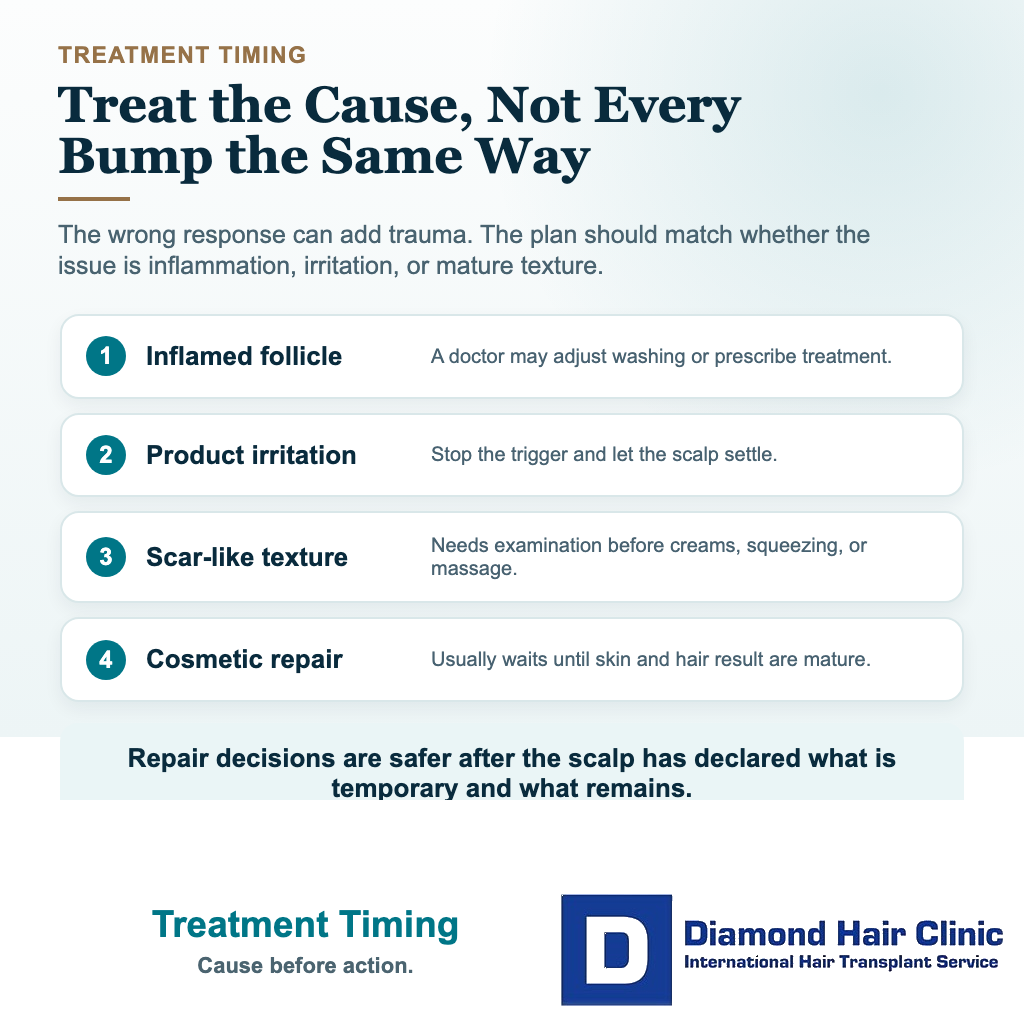 Visual explaining when treatment may help bumps after a hair transplant and when repair should wait