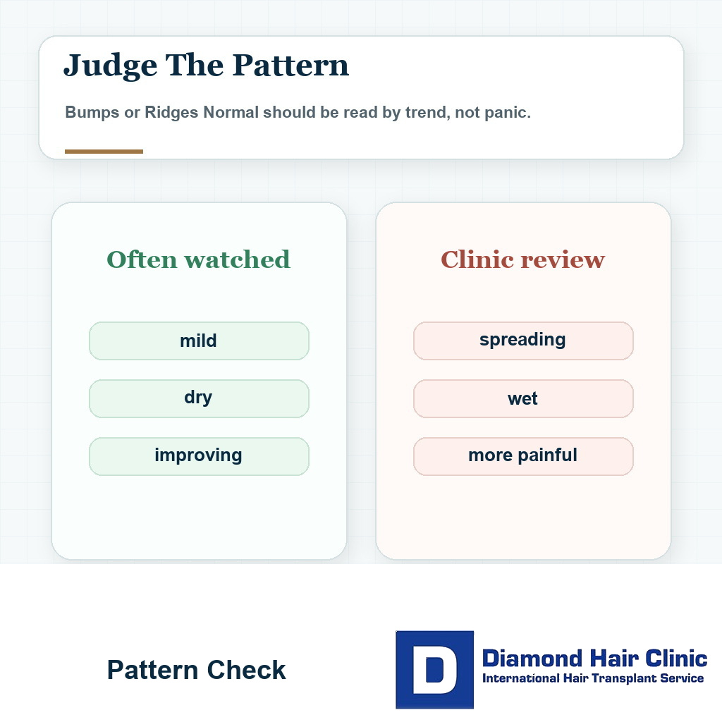 Pattern check visual for bumps, ridges, and warning signs after a hair transplant
