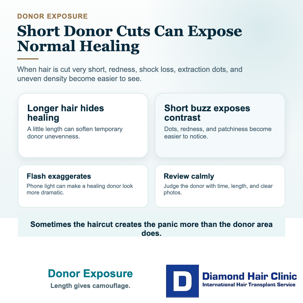 Visual explaining why buzzing the donor area too short after FUE can make normal redness, dots, shock loss, or unevenness look worse.