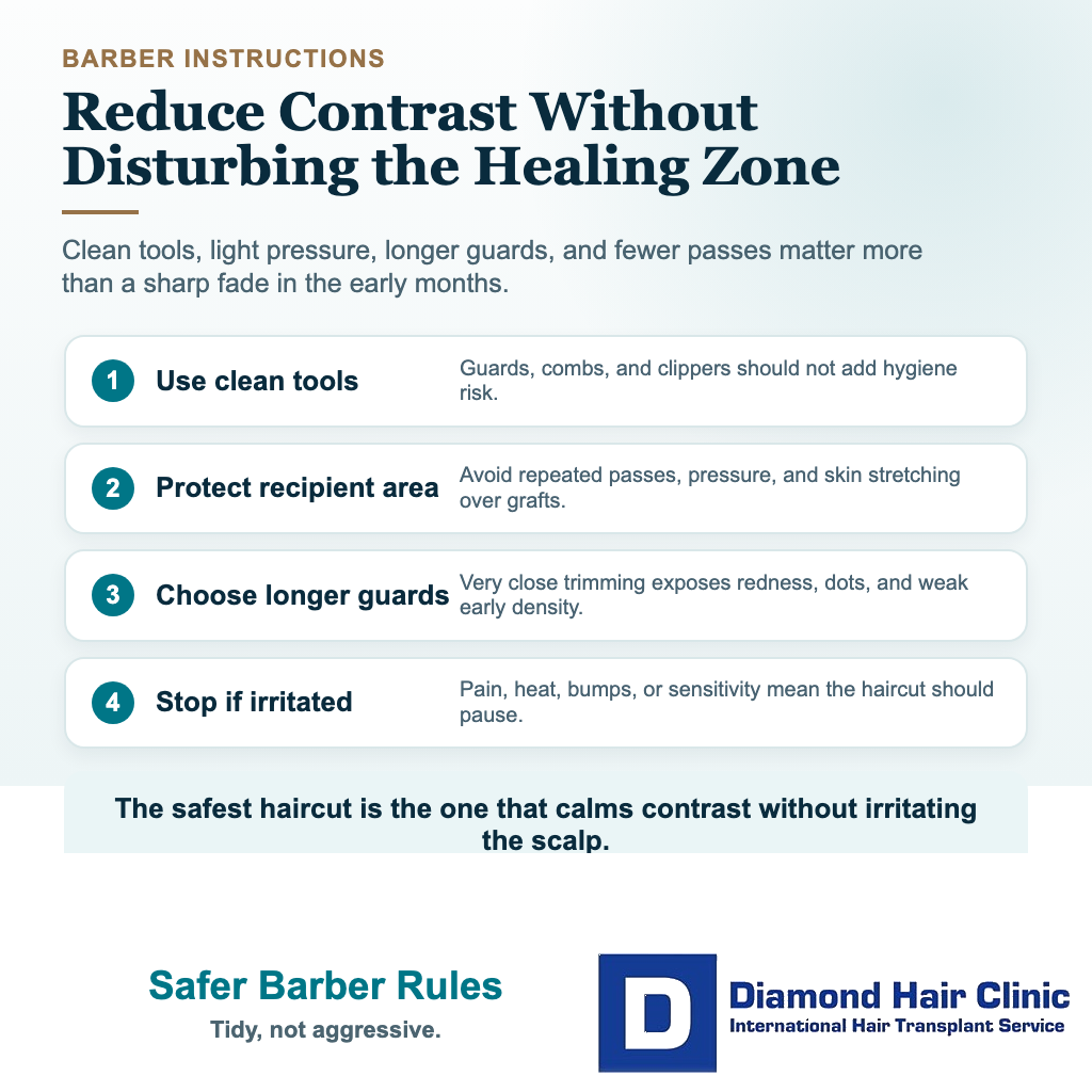 Visual explaining safer barber instructions after hair transplant, including clean tools, longer guards, light pressure, and avoiding the recipient area.