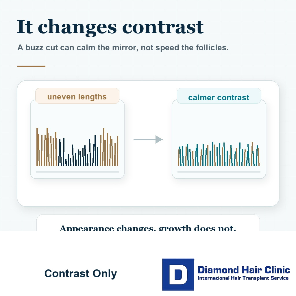 Visual explaining that a buzz cut after hair transplant can reduce contrast but does not speed hair growth