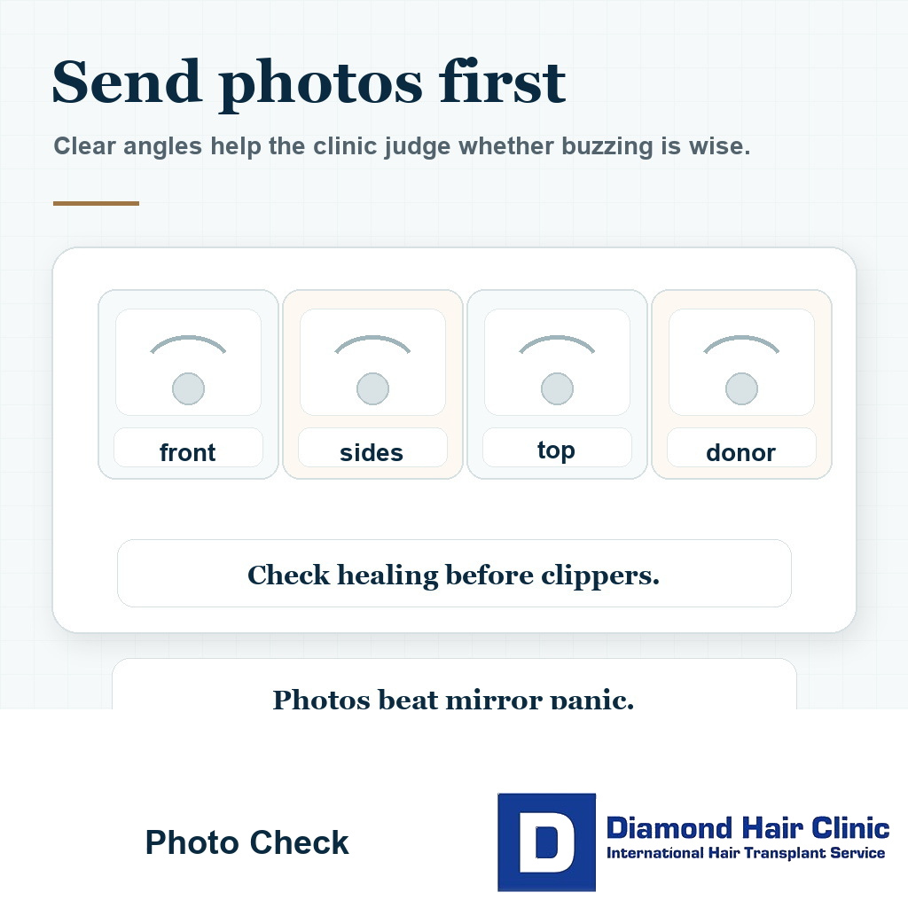Visual showing front sides top and donor photos to send before getting a buzz cut after hair transplant