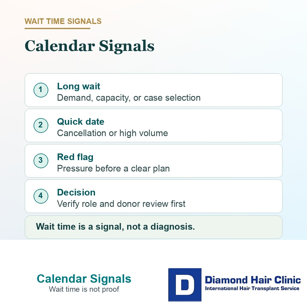 Information card explaining what long waitlists, quick dates, and pressure can signal before hair transplant booking