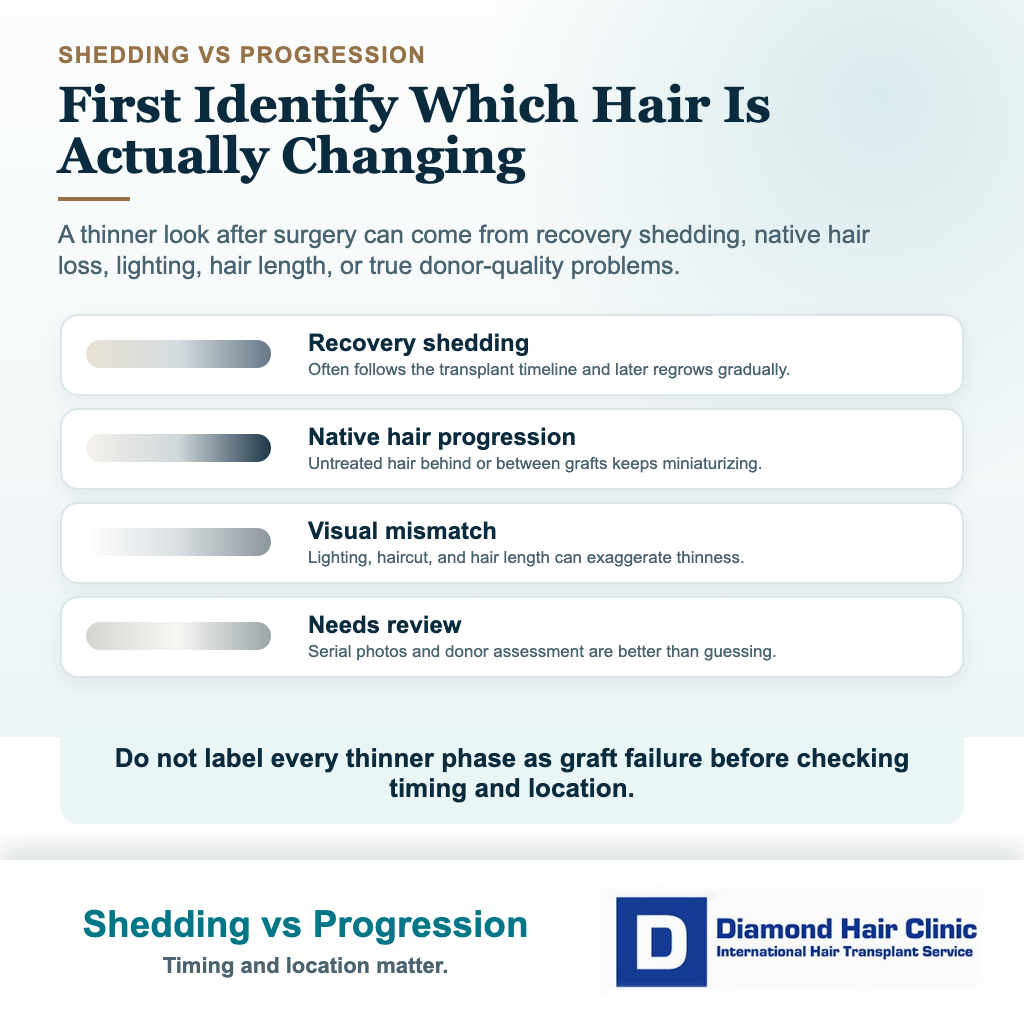 Visual explaining how normal post transplant shedding differs from real ongoing hair loss progression after hair transplant surgery