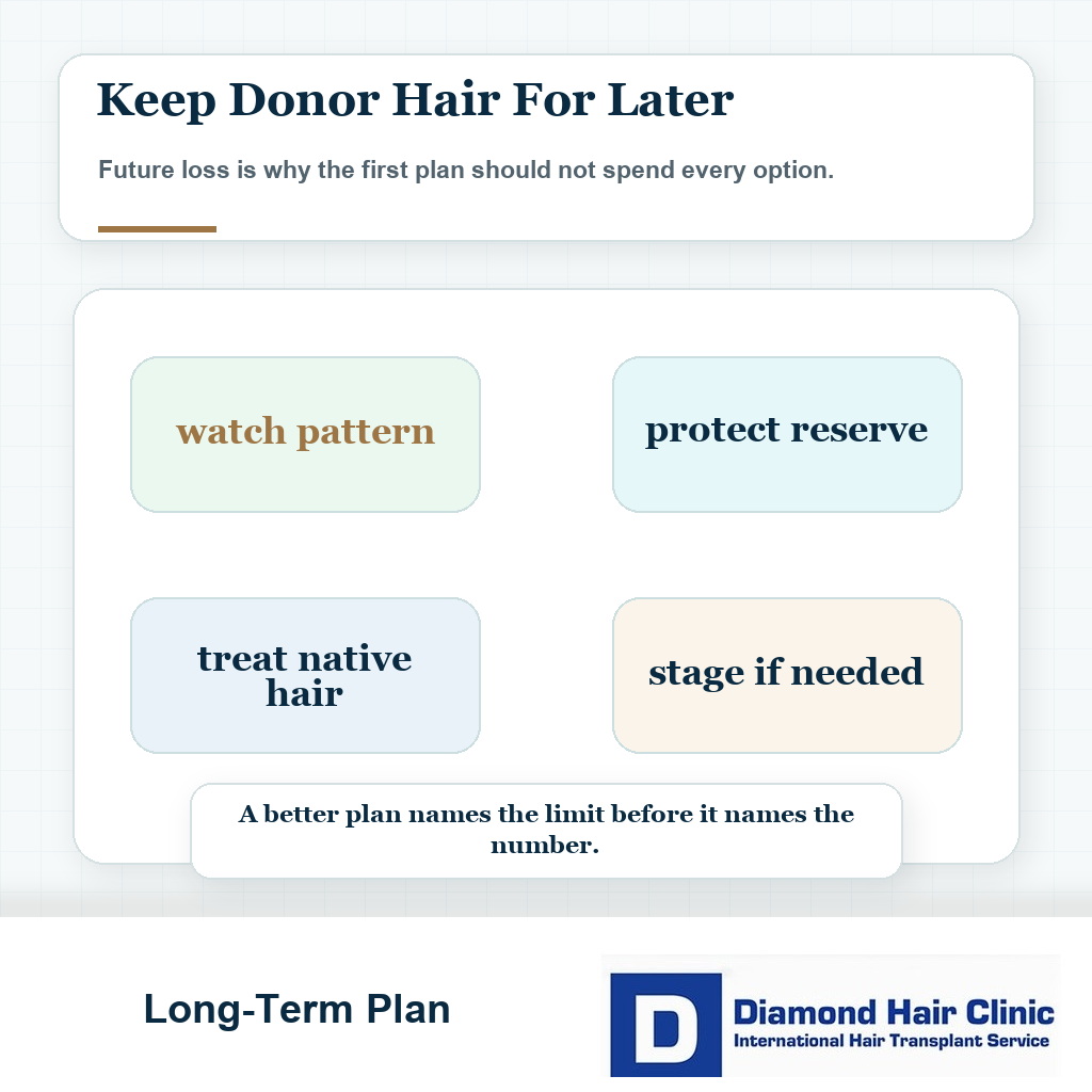 Long-term planning card showing donor reserve when hair loss continues after transplant