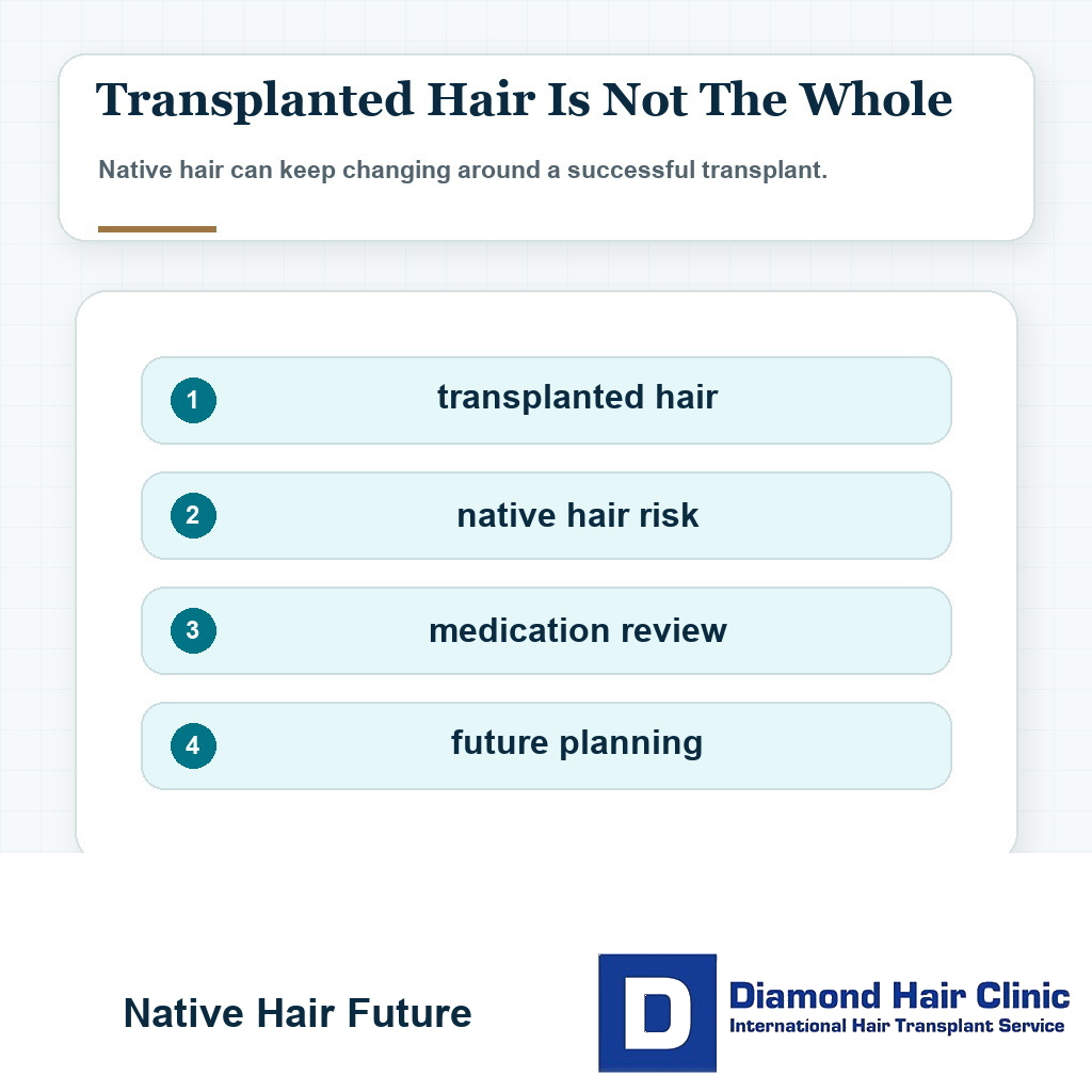 Visual explaining native hair can continue thinning after a hair transplant