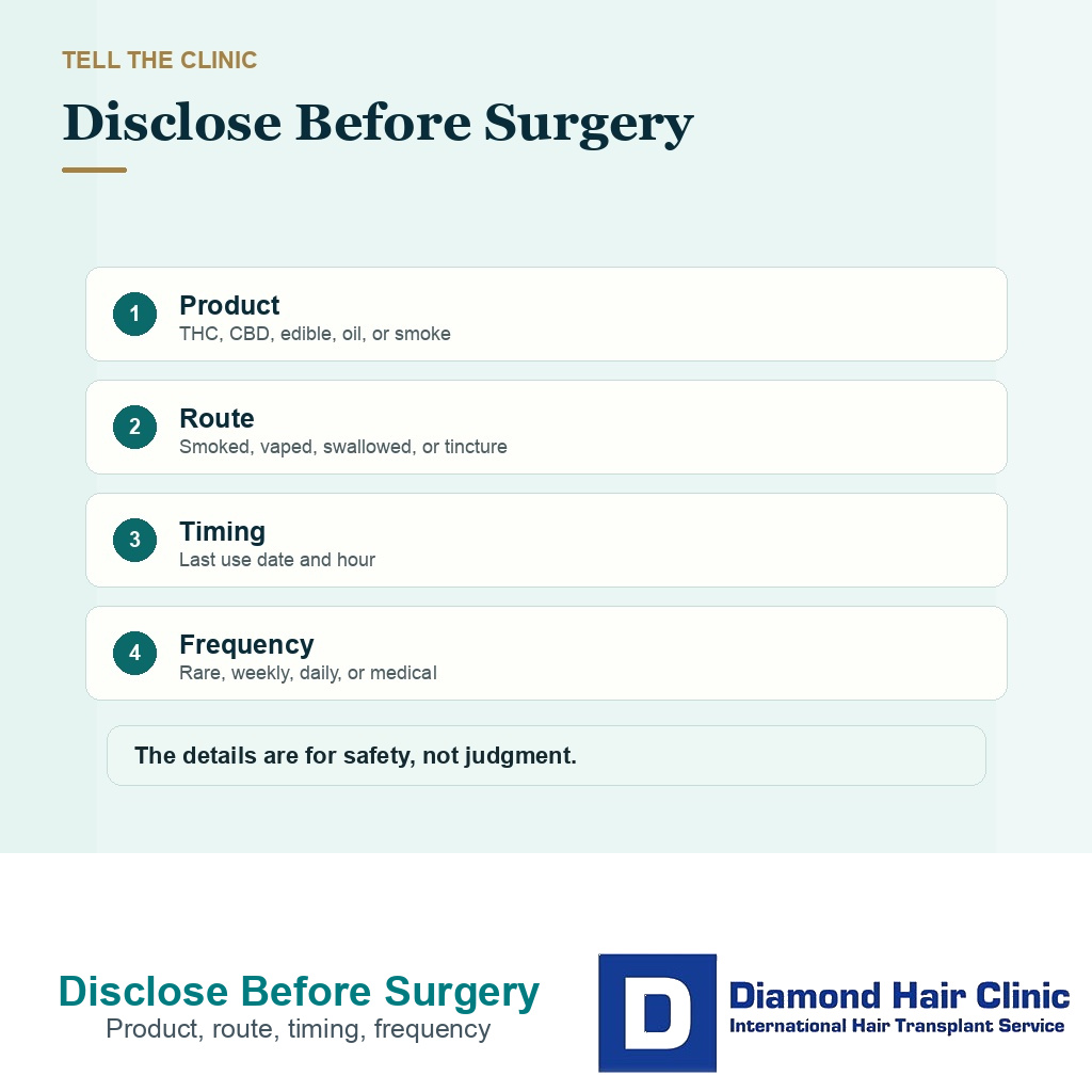 Information card showing what cannabis details to disclose before hair transplant surgery