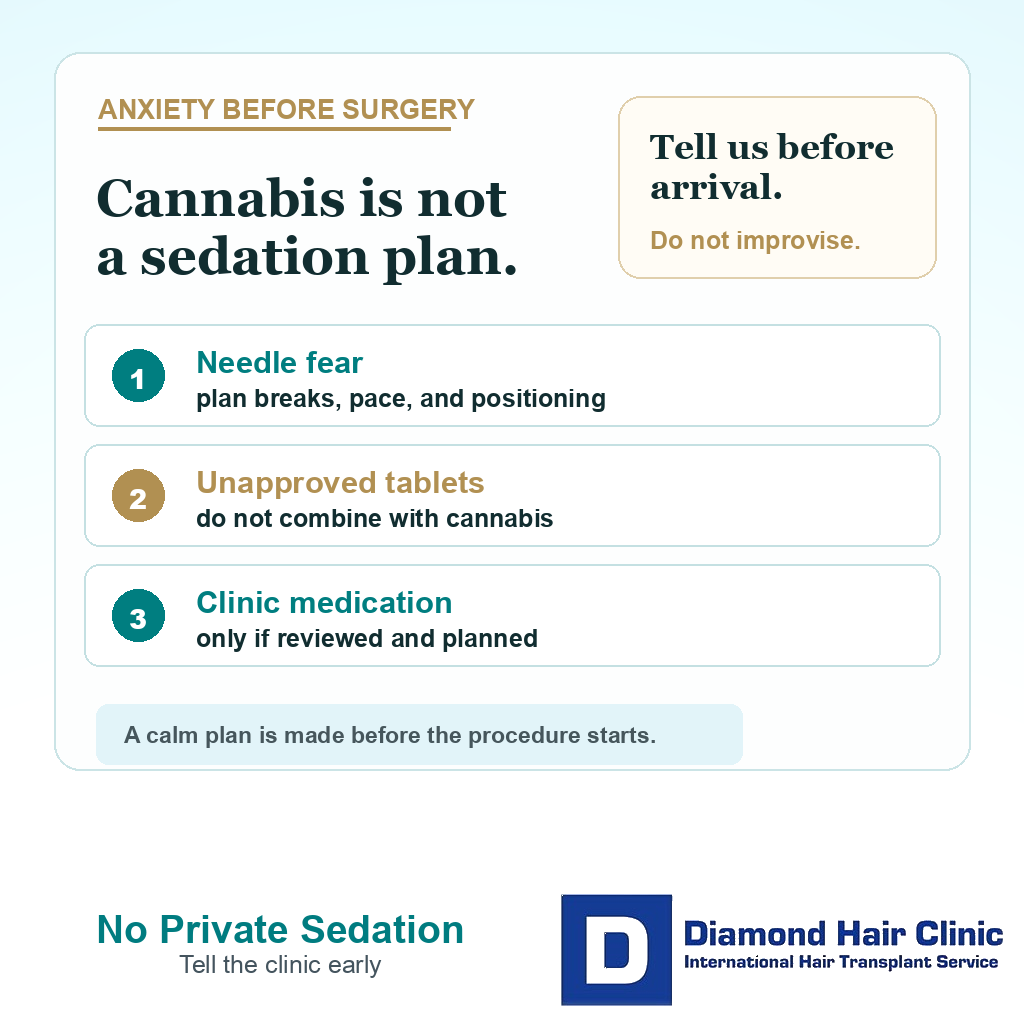 Support card explaining that cannabis should not be used as a private sedation plan before hair transplant surgery