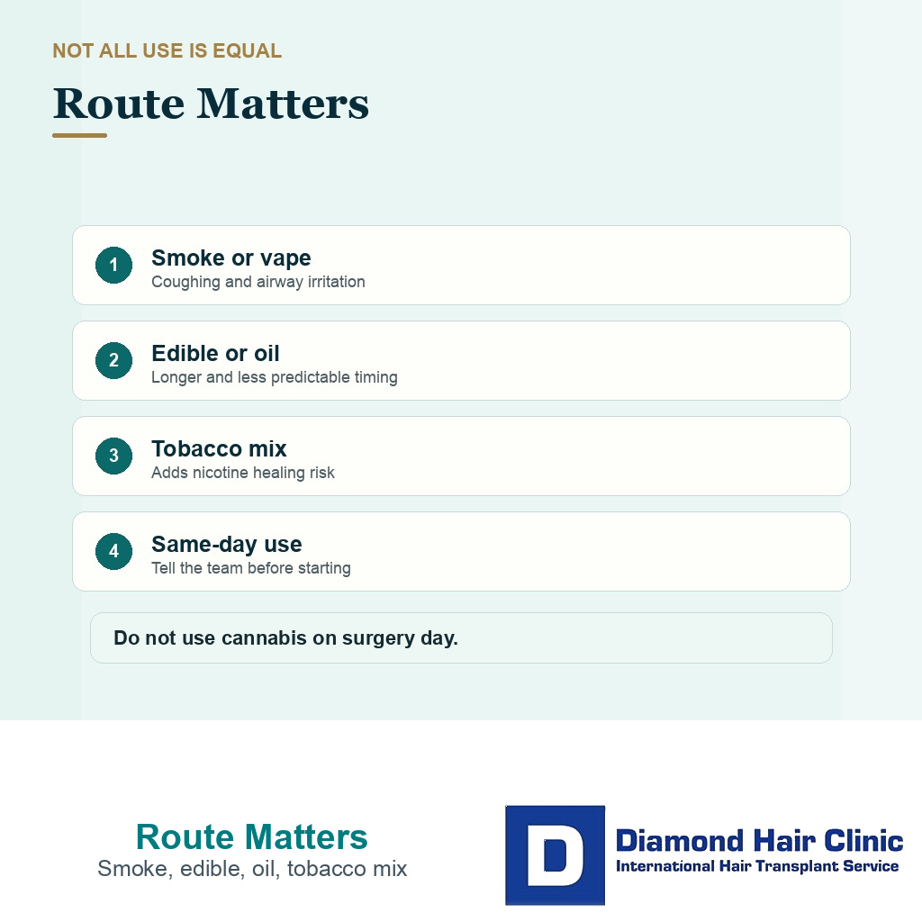 Information card comparing smoked cannabis, edibles, and products mixed with tobacco before hair transplant surgery