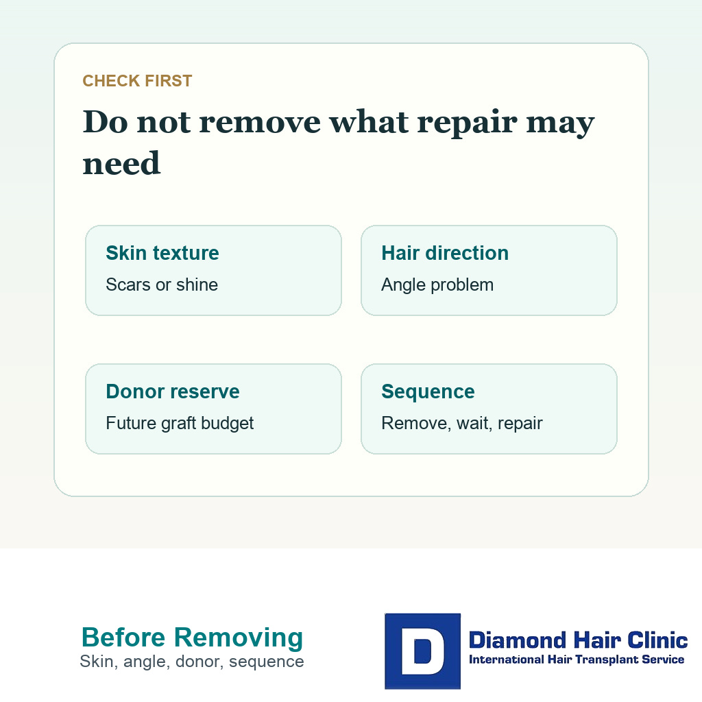 Clinical support card listing skin texture hair direction donor reserve and repair sequence before removing hairline grafts