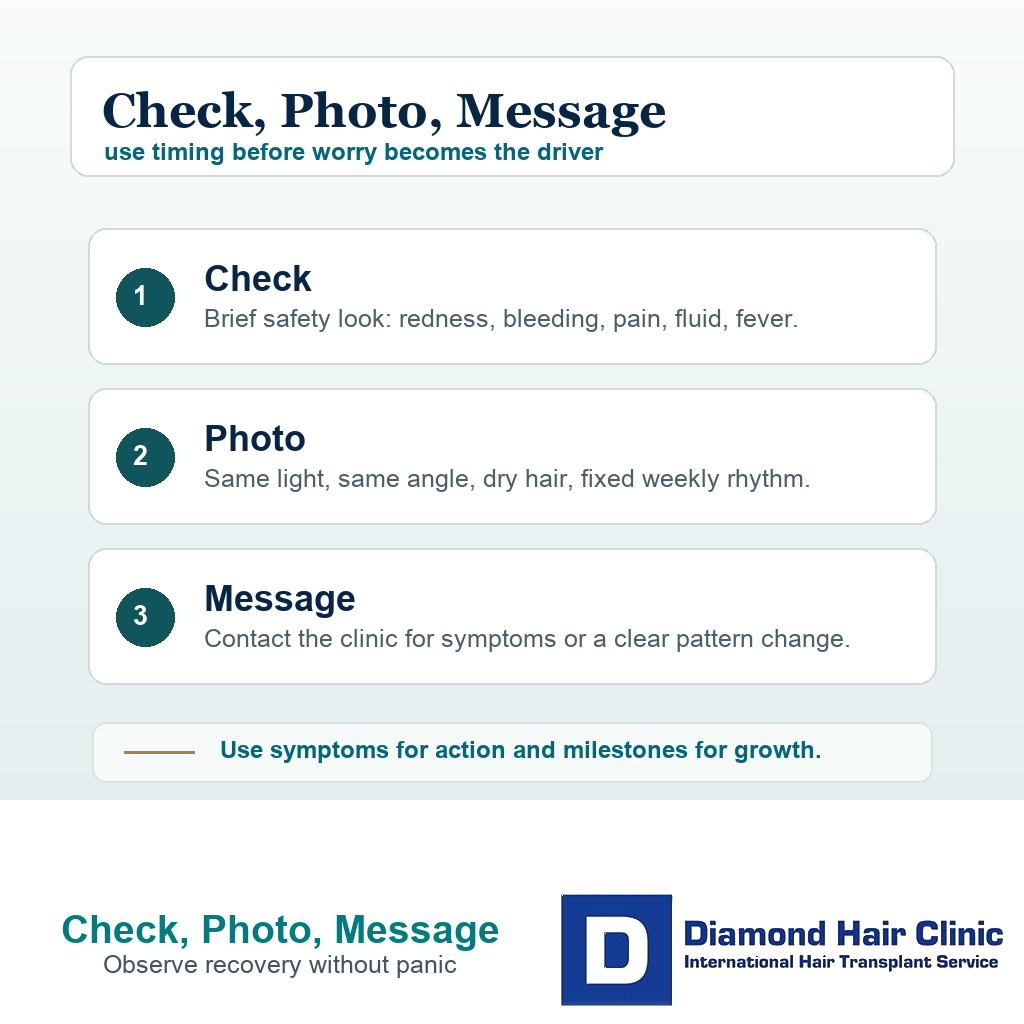 Information card showing when to check, photograph, or message the clinic after hair transplant
