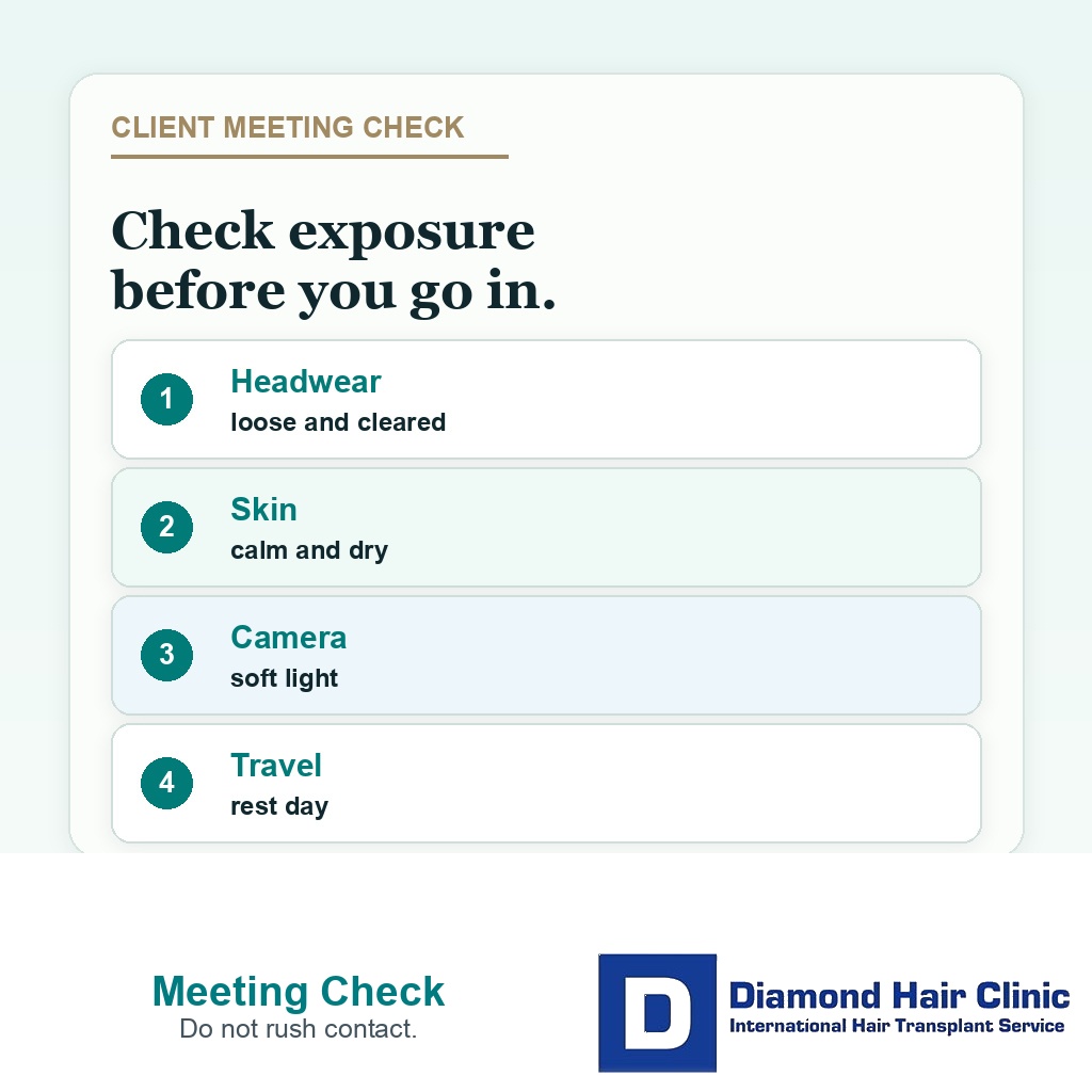 Meeting check card showing headwear, skin, camera, and travel factors before public work after hair transplant