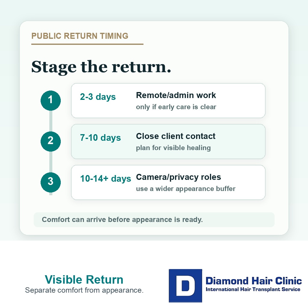 Timing card showing staged return to client-facing work after hair transplant recovery