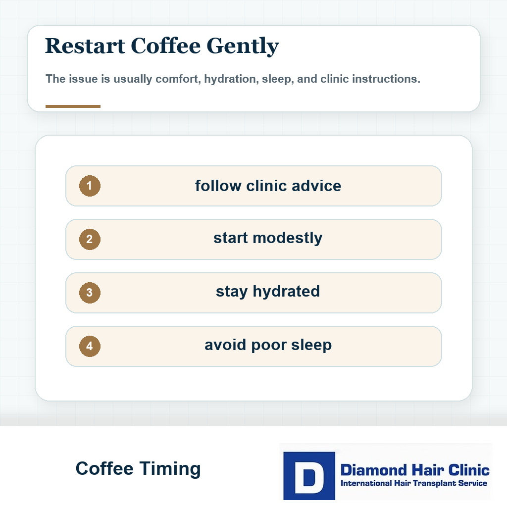 Coffee after hair transplant timing visual focused on gentle restart and hydration