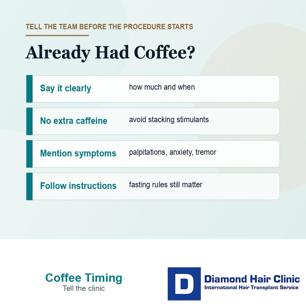 Information card explaining what to share that with the clinic if coffee was already taken on hair transplant surgery morning