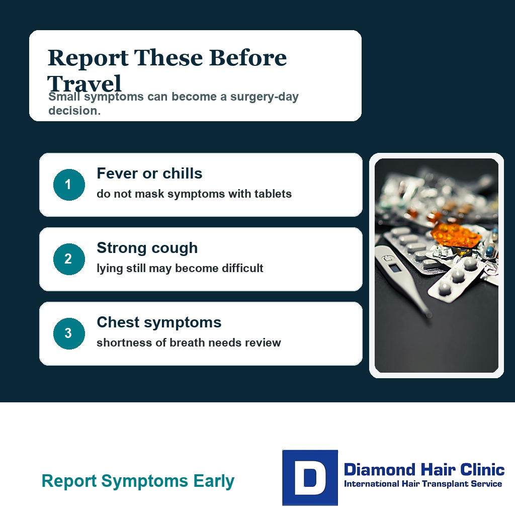 Clinical card showing fever strong cough and chest symptoms to report before hair transplant travel