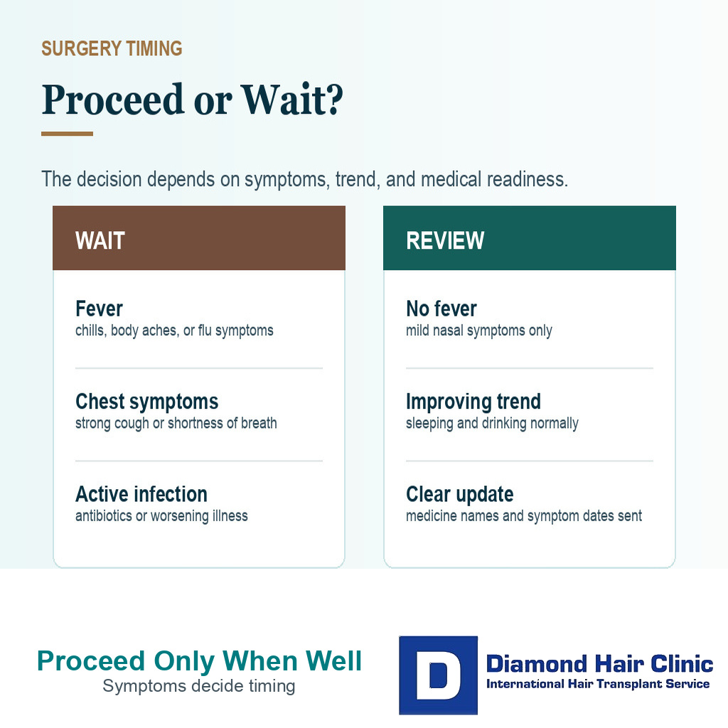 Decision card comparing when to wait and when to review surgery timing with a cold or flu before hair transplant