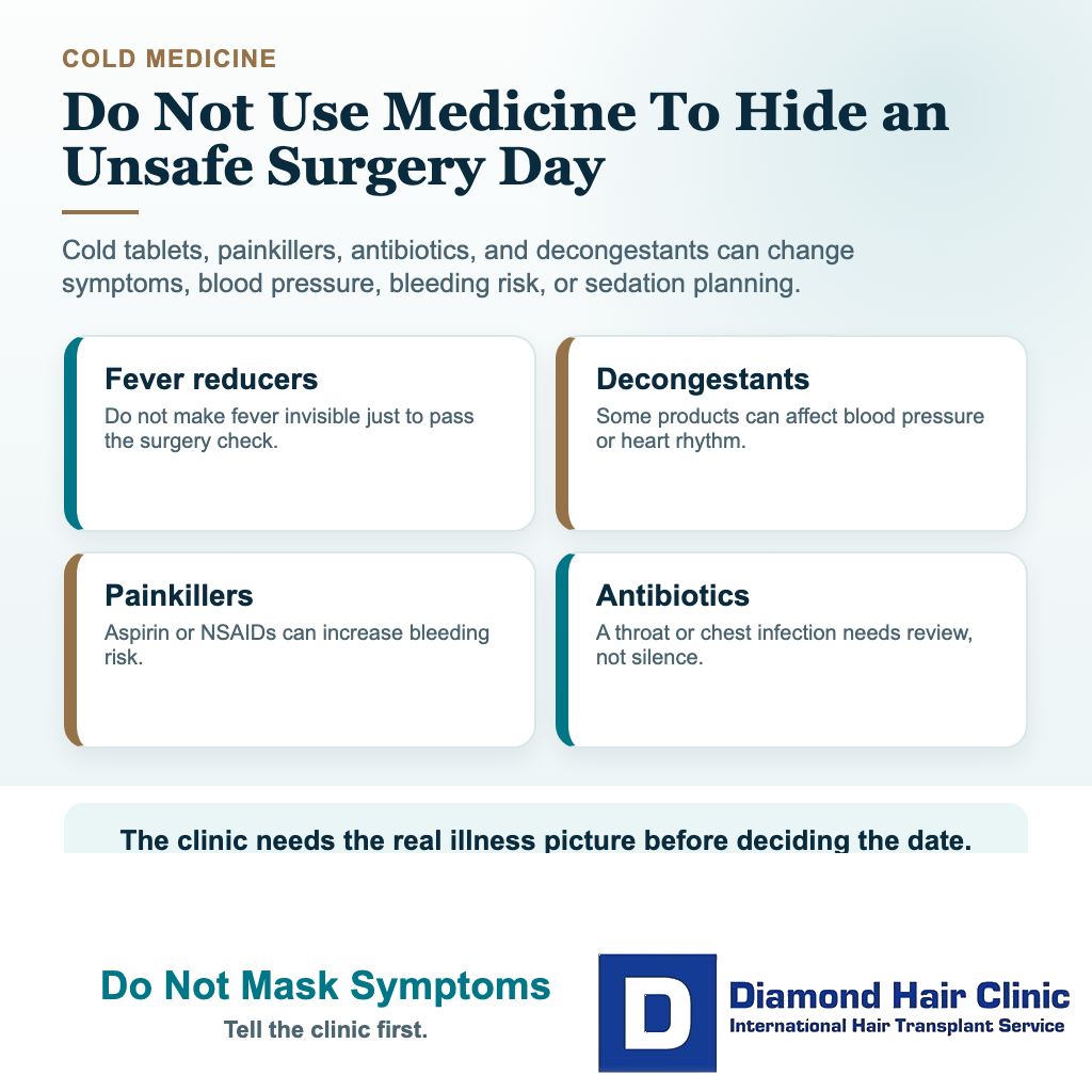 Cold or flu before hair transplant visual explaining not to mask symptoms with medicine before surgery