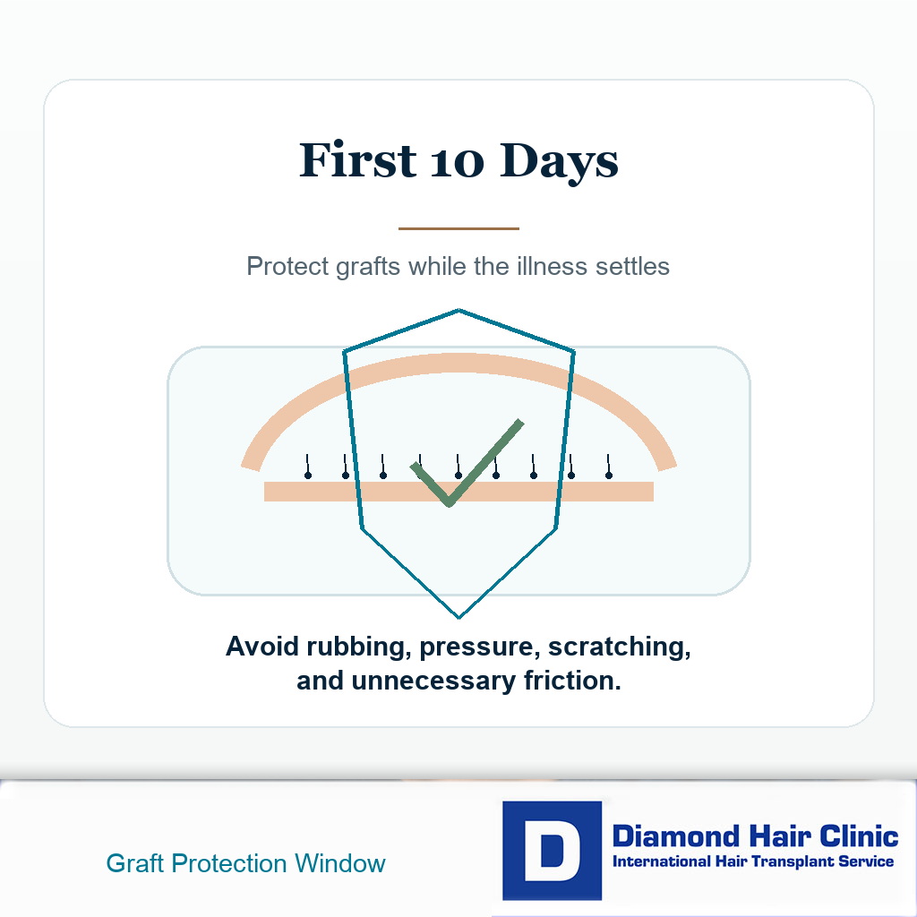 Visual card showing the first 10 days as the main graft protection window after cold or flu symptoms