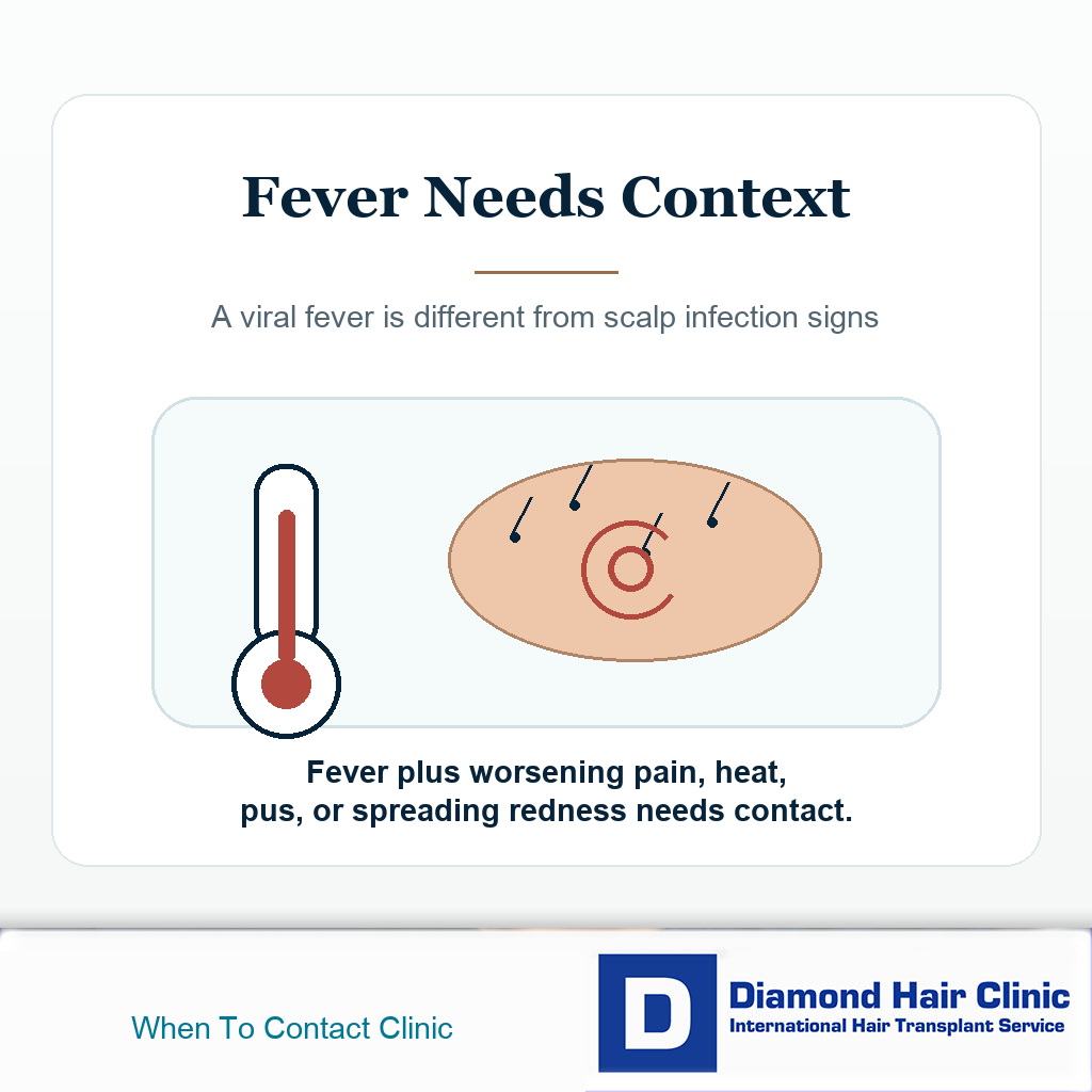 Visual card explaining that fever with worsening scalp pain heat pus or spreading redness needs clinic contact