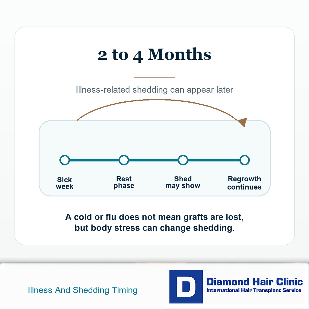 Visual card showing that illness related shedding after a hair transplant may appear two to four months later