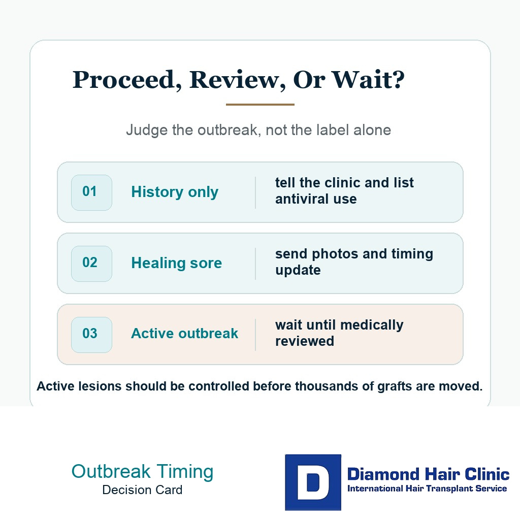 Diamond Hair Clinic timing card for proceeding, reviewing, or waiting with cold sores before hair transplant