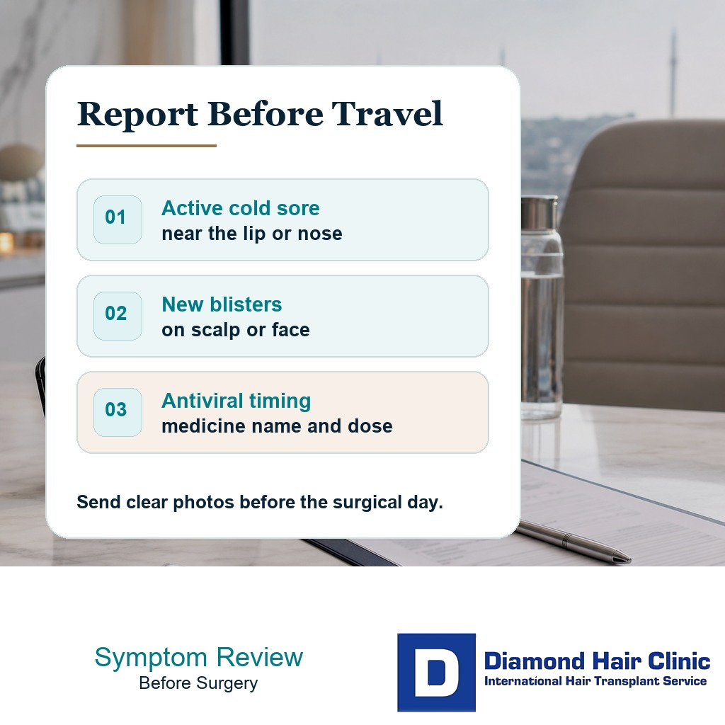 Diamond Hair Clinic visual showing cold sore symptoms and antiviral details to report before travel