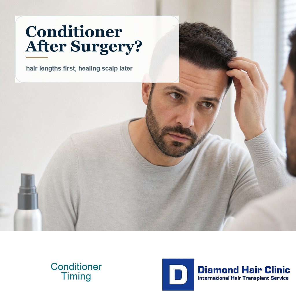 Hair transplant patient considering conditioner timing while checking hair in a mirror