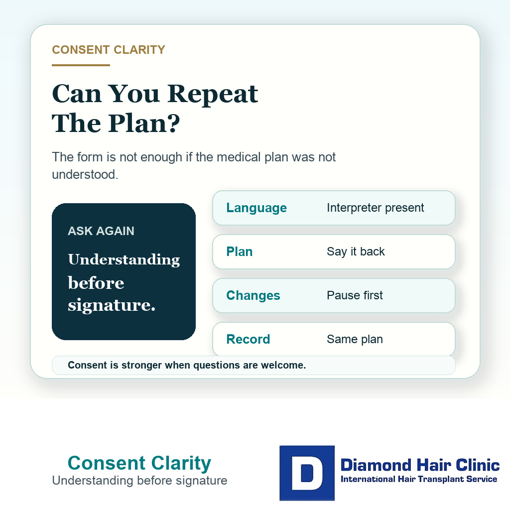 Clinical support card explaining that consent before hair transplant requires language clarity plan repetition and time to pause
