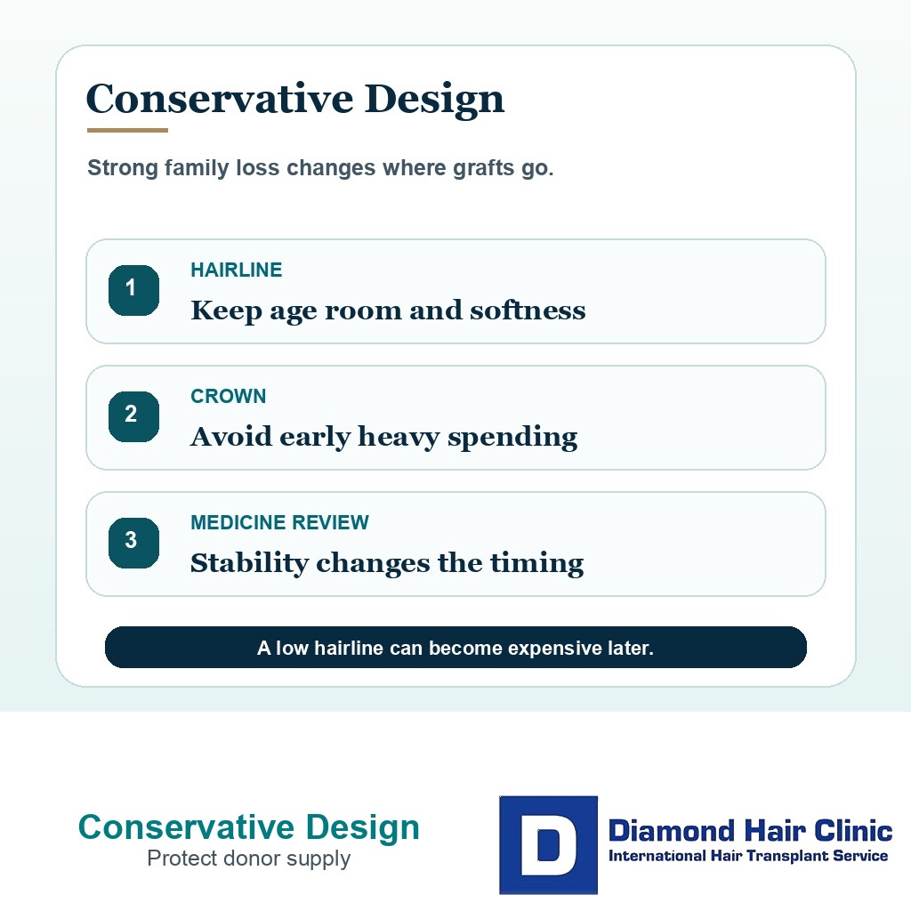 Information card showing conservative hairline, crown, and medication decisions when family hair loss history is strong