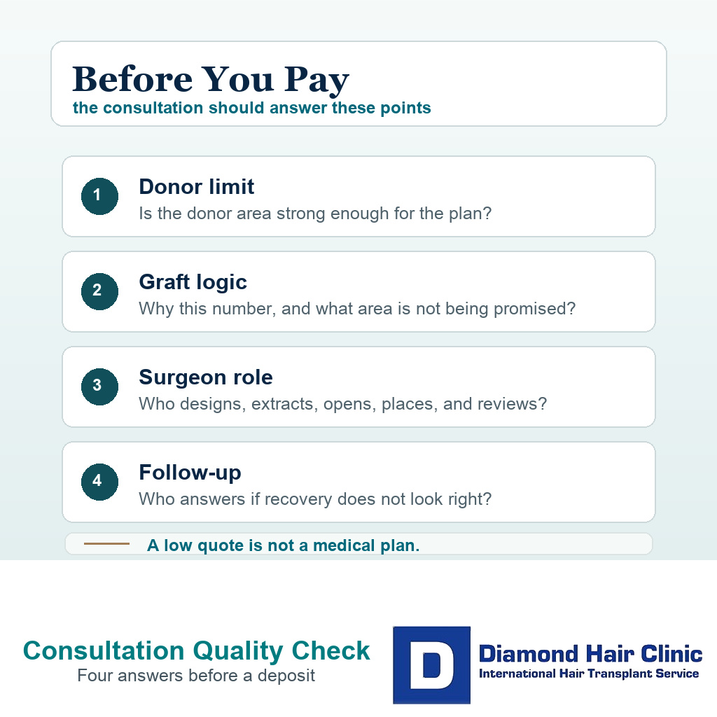 Information card listing four answers a hair transplant consultation should provide before deposit