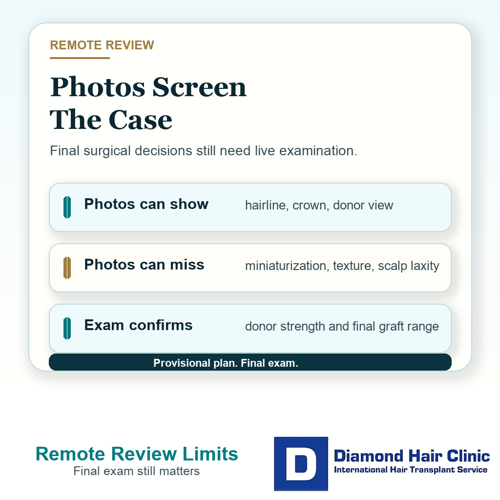 Clinical support card explaining that remote hair transplant consultation photos can screen a case but live examination confirms donor strength texture scalp laxity and final graft range.