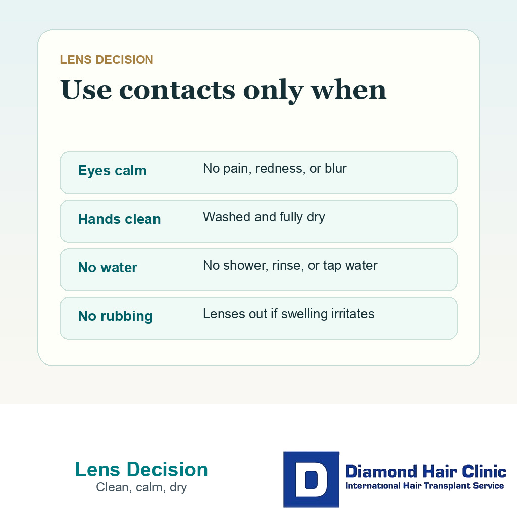 Decision card for contact lenses after FUE showing clean hands calm eyes no water and no eye pain