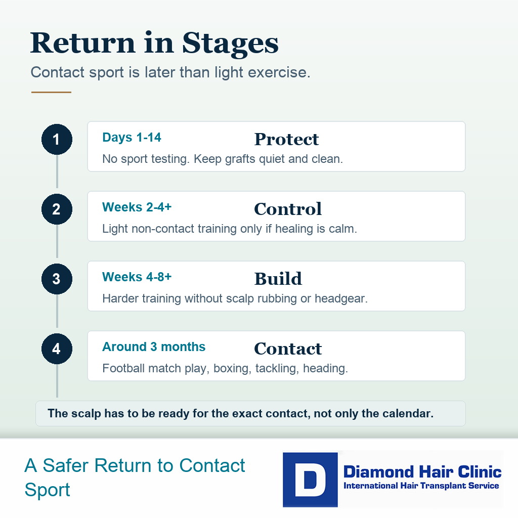 Return to contact sports after hair transplant timeline visual from walking to full contact