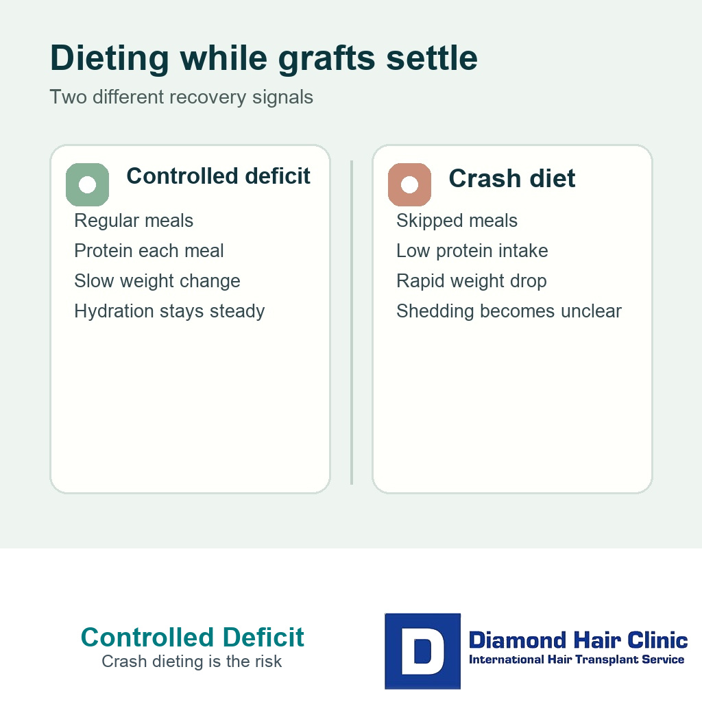 Visual showing controlled calorie deficit versus crash dieting risk during hair transplant recovery