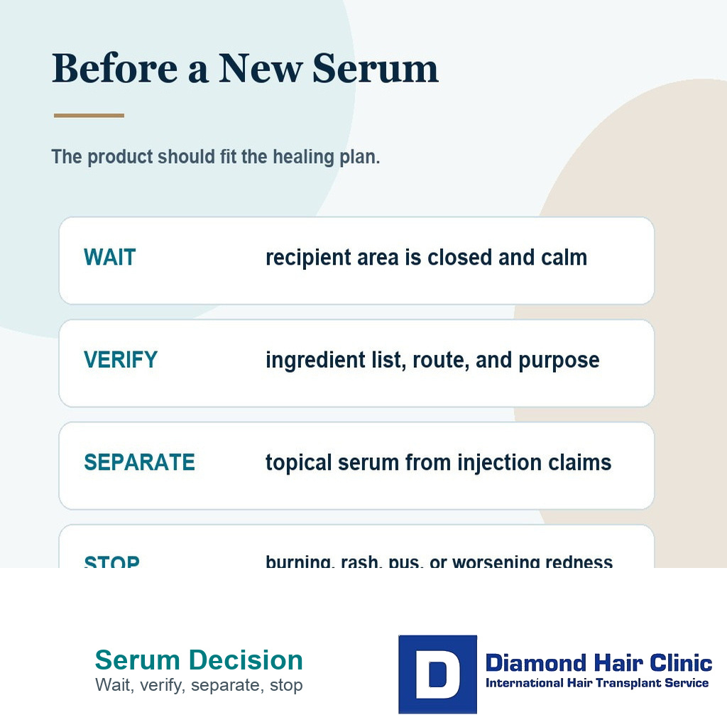 Copper peptide serum decision card with wait verify separate and stop steps